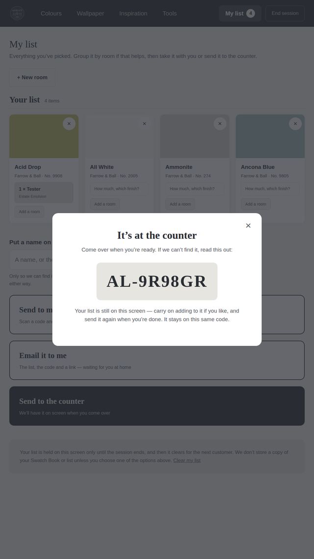 Take it away with you: Send it to the counter, or email it to yourself with a reference.