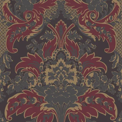 Aldwych wallpaper in Metallic Gilver & Crimson on Charcoal