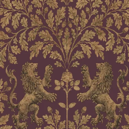 Boscobel Oak wallpaper in Metallic Autumnal Gold on Claret