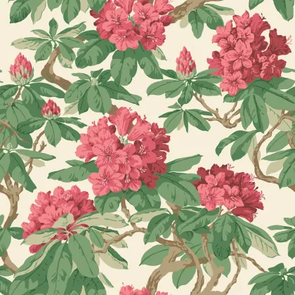 Bourlie wallpaper in Cerise, Leaf Green on White