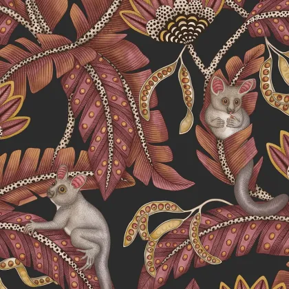 Bush Baby wallpaper in Crimson & Marigold on Charcoal