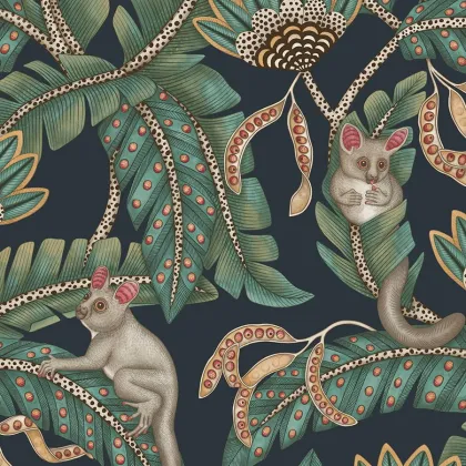 Bush Baby wallpaper in Teal & Ochre on Ink