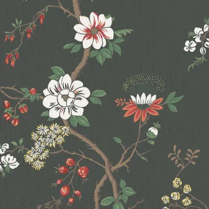 Camellia wallpaper in Chalk & Red on Soot