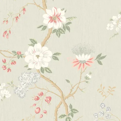 Camellia in Coral & Duck Egg on Eau du Nil wallpaper by Cole & Son