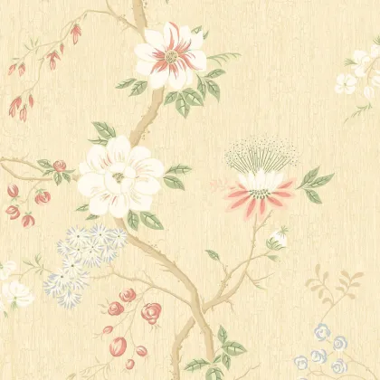 Camellia wallpaper in Coral & Olive on Buttercup