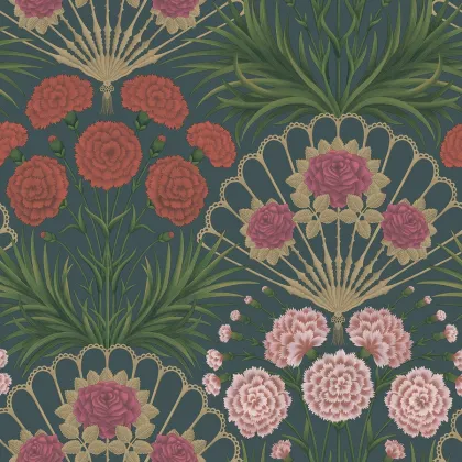 Flamenco Fan wallpaper in Magenta, Red & Metallic Gilver on Ink
