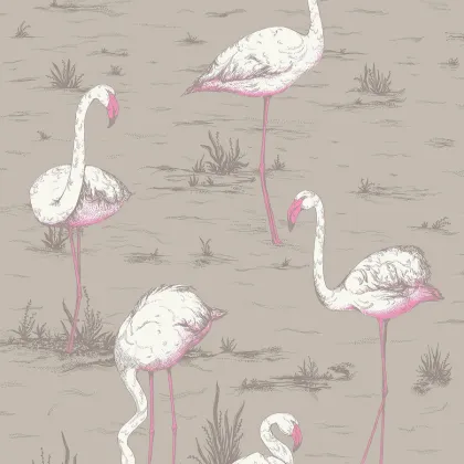 Flamingos wallpaper in White & Fuchsia on Taupe