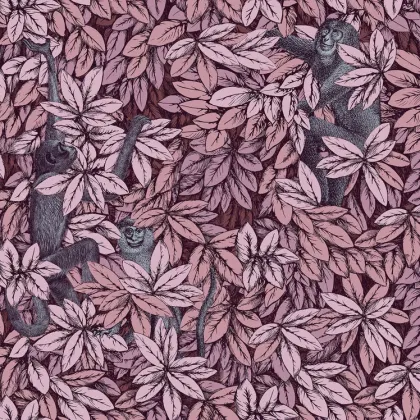 Foglie e Scimmie wallpaper in Blush with Blue