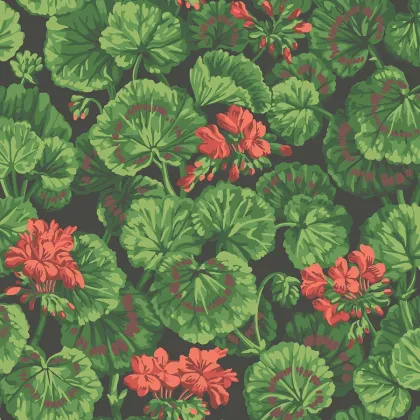 Geranium wallpaper in Rouge & Leaf Greens on Black