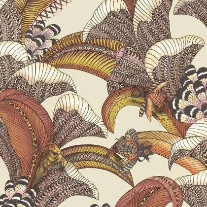 Hoopoe Leaves wallpaper in Crimson, Canary Yellow, Fuchsia on Stone