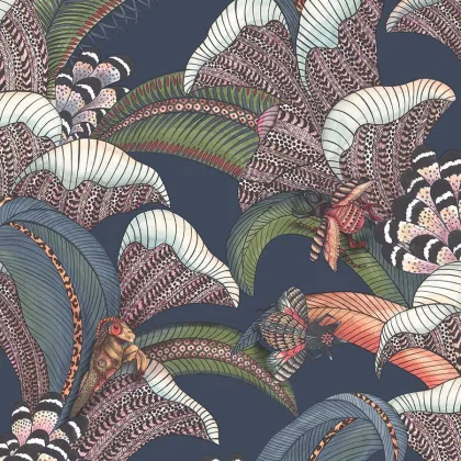 Hoopoe Leaves wallpaper in Denim, Forest Green & Magenta on Midnight