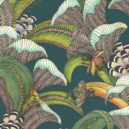 Hoopoe Leaves wallpaper in Forest Green, Lime & Fuchsia on Dark Viridian