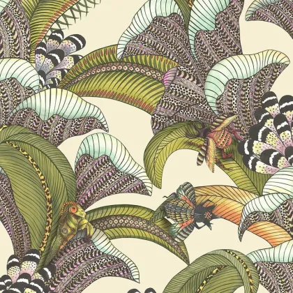 Hoopoe Leaves wallpaper in Olive, Chartreuse & Fuchsia on Cream