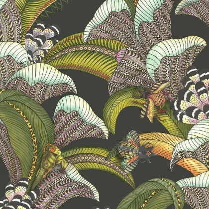 Hoopoe Leaves wallpaper in Olive Green, Chartreuse & Fuchsia on Black