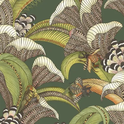 Hoopoe Leaves wallpaper in Spring Green, Chartreuse & Coral on Forest
