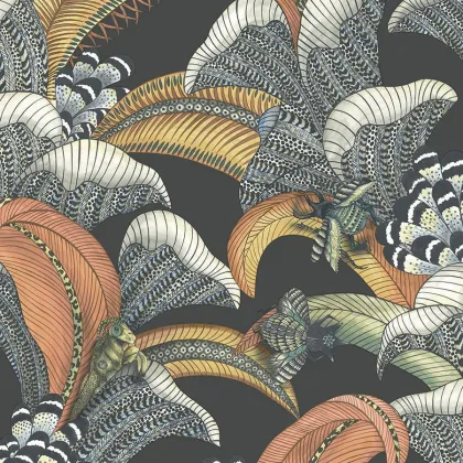 Hoopoe Leaves wallpaper in Terracotta, Ochre & Ice Blue on Charcoal
