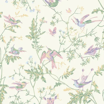 Hummingbirds wallpaper in Blush, Sage, & Mulberry on Cream