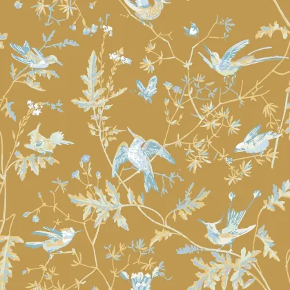 Hummingbirds wallpaper in Ice Blue on Metallic Gold