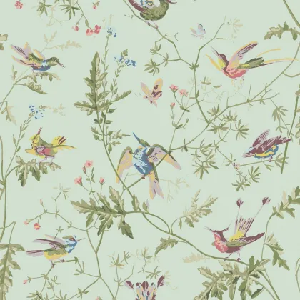 Hummingbirds wallpaper in Multi, Old Olive on Duck Egg Mica