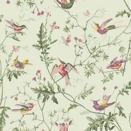 Hummingbirds wallpaper in Multi, Old Olive on Eau Du Nil