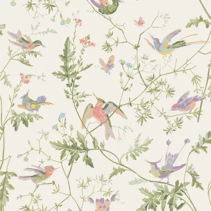 Hummingbirds wallpaper in Soft Multi, Olive Green on White