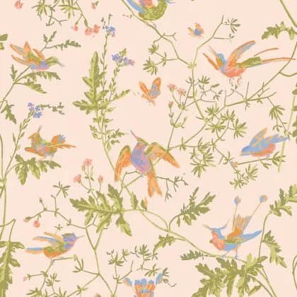 Hummingbirds wallpaper in Tangerine & Olive on Blush