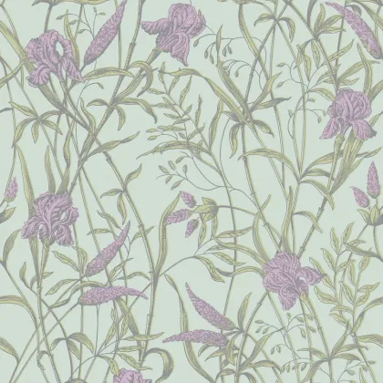 Iris wallpaper in Lavender on Duck Egg