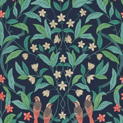 Jasmine & Serin Symphony wallpaper in Coral & Petrol on Ink