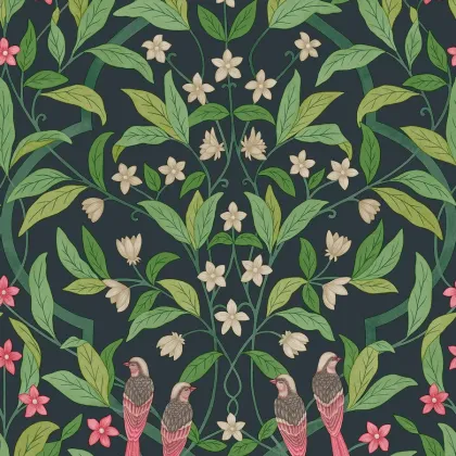 Jasmine & Serin Symphony wallpaper in Rose & Racing Green on Dark Viridian