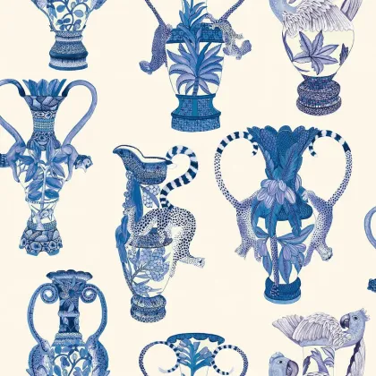 Khulu Vases wallpaper in China Blue on Pale Cream