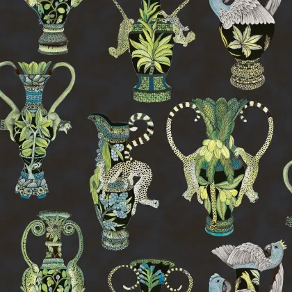 Khulu Vases wallpaper in Multi Greens & Blues on Ink