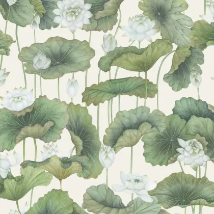 Lily Lotus wallpaper in Leaf Greens on Cream
