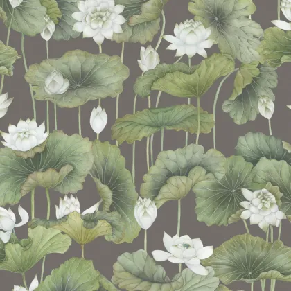 Lily Lotus wallpaper in White on Charcoal