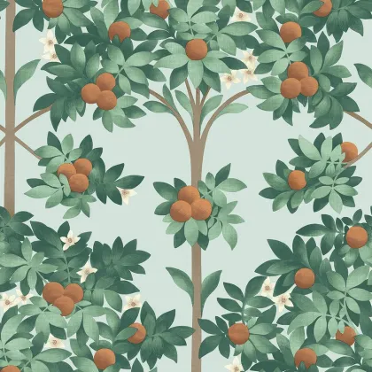 Orange Blossom wallpaper in Burnt Orange & Mint on Seafoam