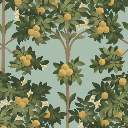 Orange Blossom wallpaper in Lemon & Dark Olive Green on Duck Egg