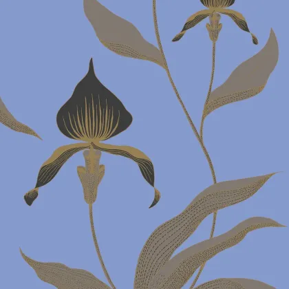 Orchid wallpaper in Charcoal, Taupe & Metallic Gold on Hyacinth Blue