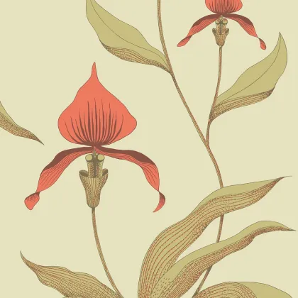 Orchid wallpaper in Rouge & Olive Green on Soft Olive