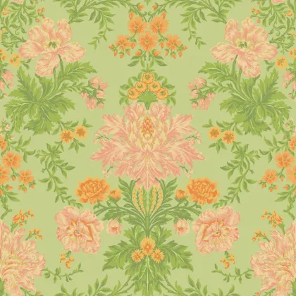 Poppies wallpaper in Peach, Marigold and Grass on Soft Green