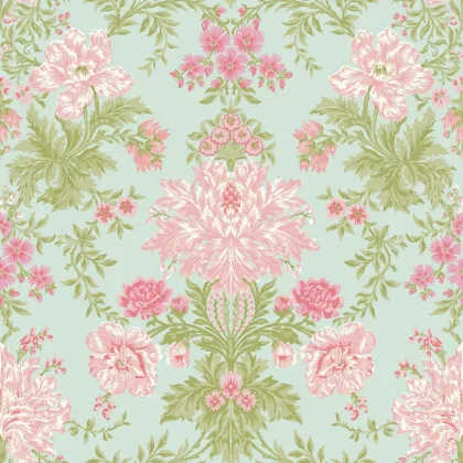 Poppies wallpaper in Soft Pink, Blush and Soft Green on Mint