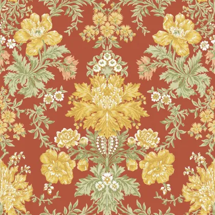 Poppies wallpaper in Soft Yellow, Cream and Spring Green on Terracotta
