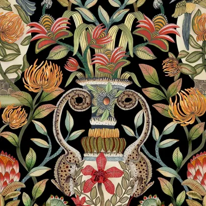 Protea Garden wallpaper in Olive & Rouge on Black