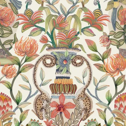 Protea Garden wallpaper in Olive Green & Tangerine on White