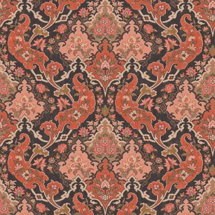 Pushkin wallpaper in Coral & Rouge on Soot