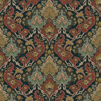 Pushkin wallpaper in Seafoam & Red on Charcoal