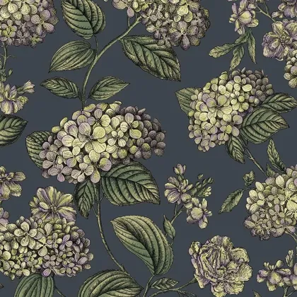 Ramo di Ortensia wallpaper in Lime & Purple on Ink