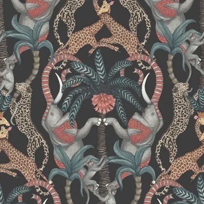 Safari Totem in Ruby & Print Room Blue on Charcoal wallpaper by Cole & Son