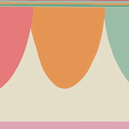 Scaramouche wallpaper in Fuchsia, Chartreuse, Orange & Teal on Oat