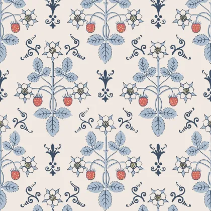 Strawberry wallpaper in China Blue on Cream
