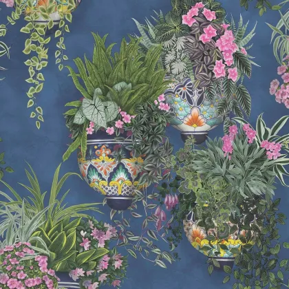 Talavera wallpaper in Fuchsia & Forest Greens on Cerulean Sky