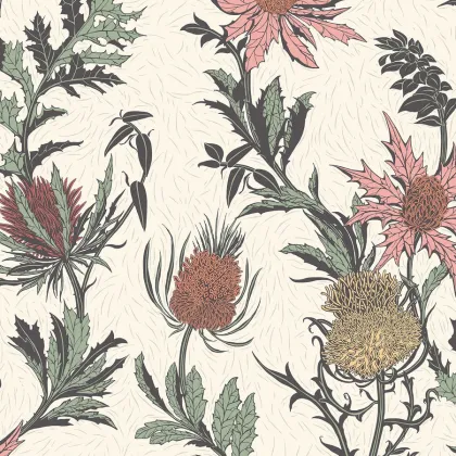 Thistle wallpaper in Magenta & Orange on Parchment